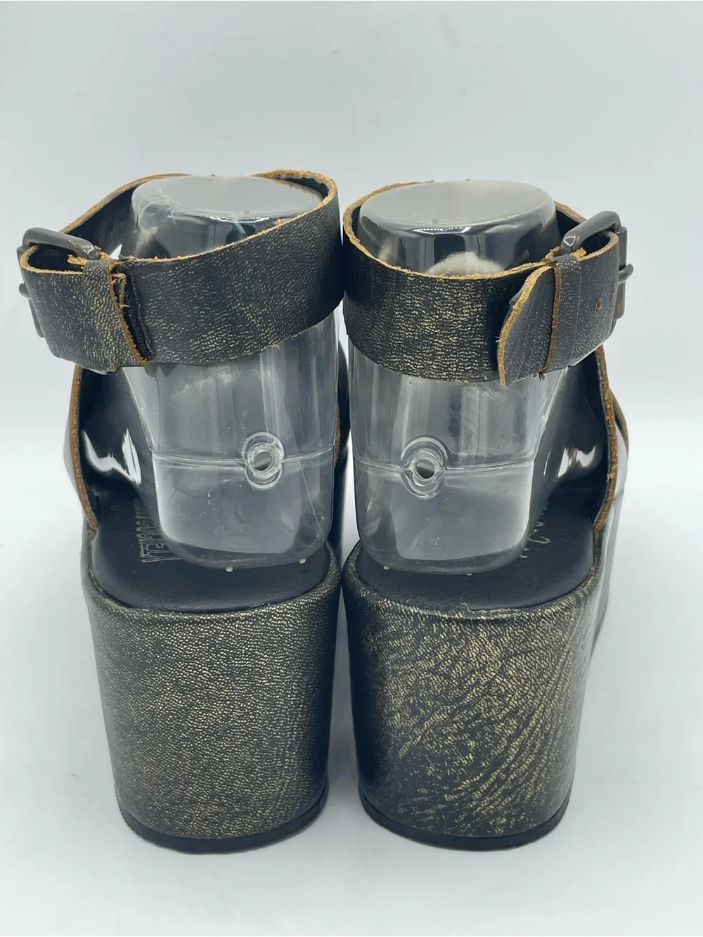 Amuse Society x Matisse Black Leather Platform Sandals Gold Metallic Wash